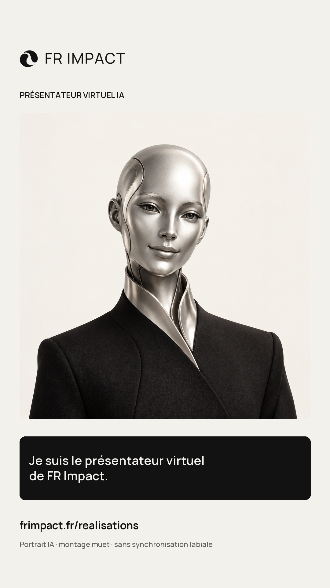 Aperçu du présentateur virtuel IA FR Impact, un personnage artificiel argenté dans l’identité Onyx